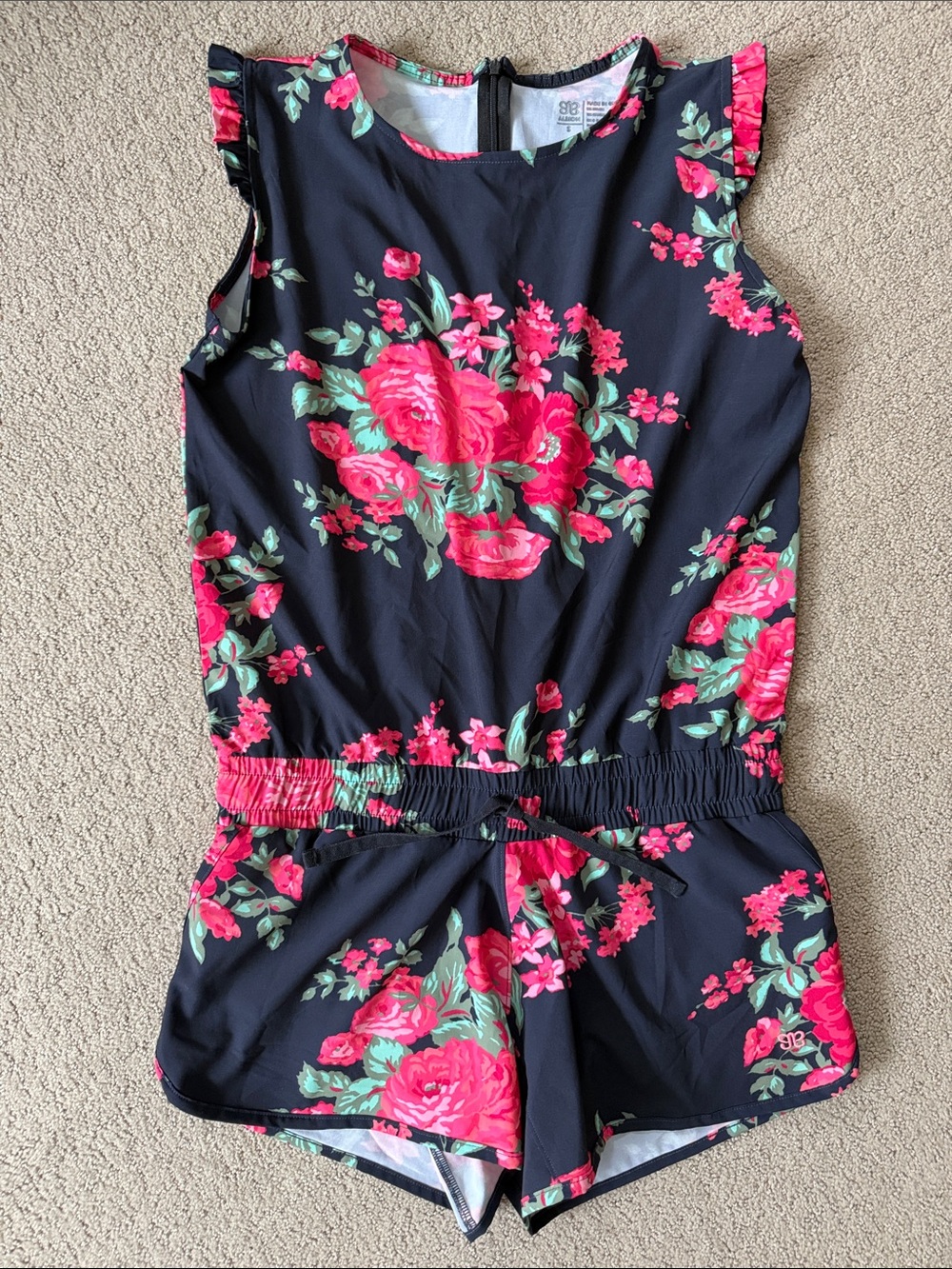 Albion Navy Romper with Bright Pink Floral Print